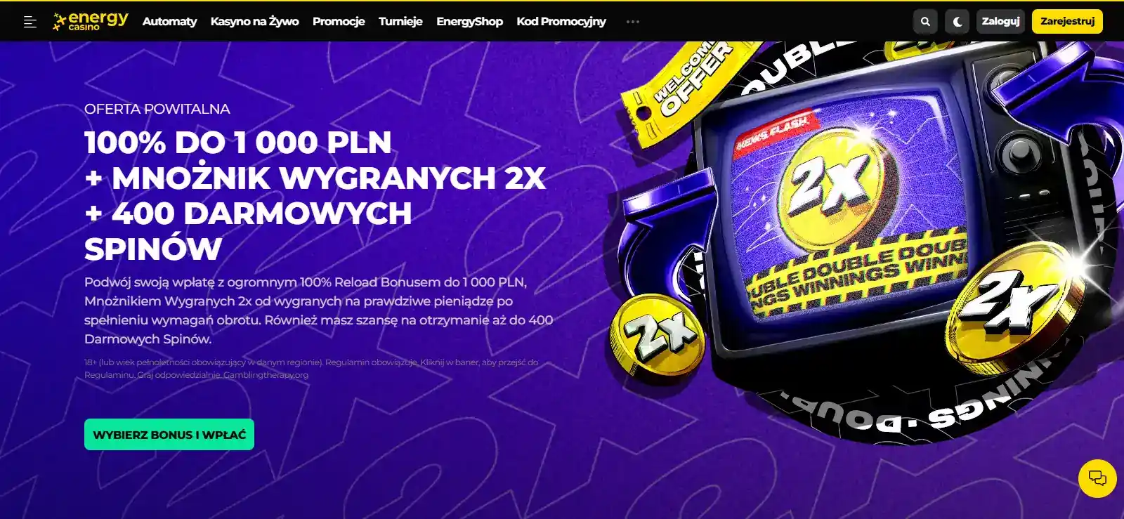 EnergyCasino bonus 2026 – 100% do 1000 PLN i 400 spinów