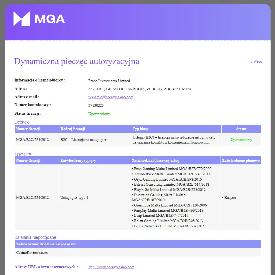 EnergyCasino licencja i wiarygodność – MGA a status w Polsce